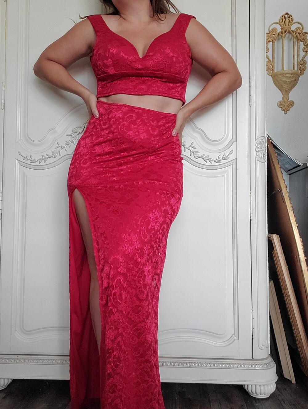 Windsor Red Lace Side Slit Gown